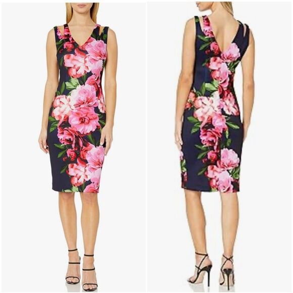 Vince Camuto Navy & Pink Floral Sheath Dress Knee Length Size 6 NEW Office Work - Picture 1 of 16